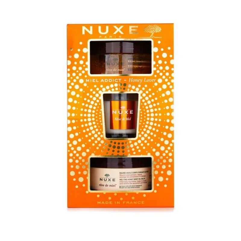 Conjunto de cuidados com a pele Nuxe Honey Lover com esfoliante corporal, óleo corporal e doces