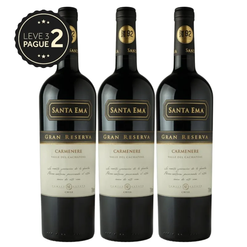Vinho Chileno Carménère Gran Reserva Santa Ema 750ml  Leve 3 Pague 2 KIT PRONTO - Santa Ema
