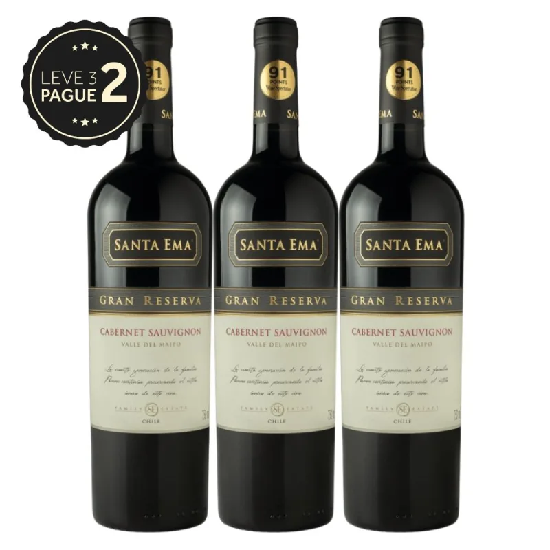 Vinho Chileno Gran Reserva Cabernet Sauvignon Leve 3 Pague 2 Santa Ema 750ml KIT PRONTO - Santa Ema