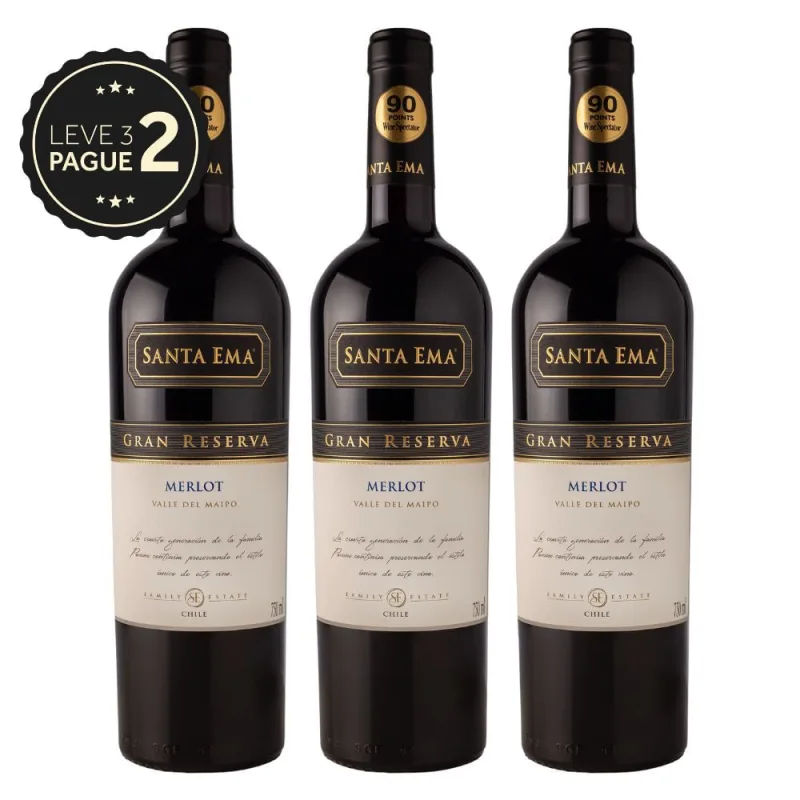Vinho Chileno Gran Reserva Merlot Santa Ema 750ml Kit Leve 3 Pague 2 KIT PRONTO - Santa Ema