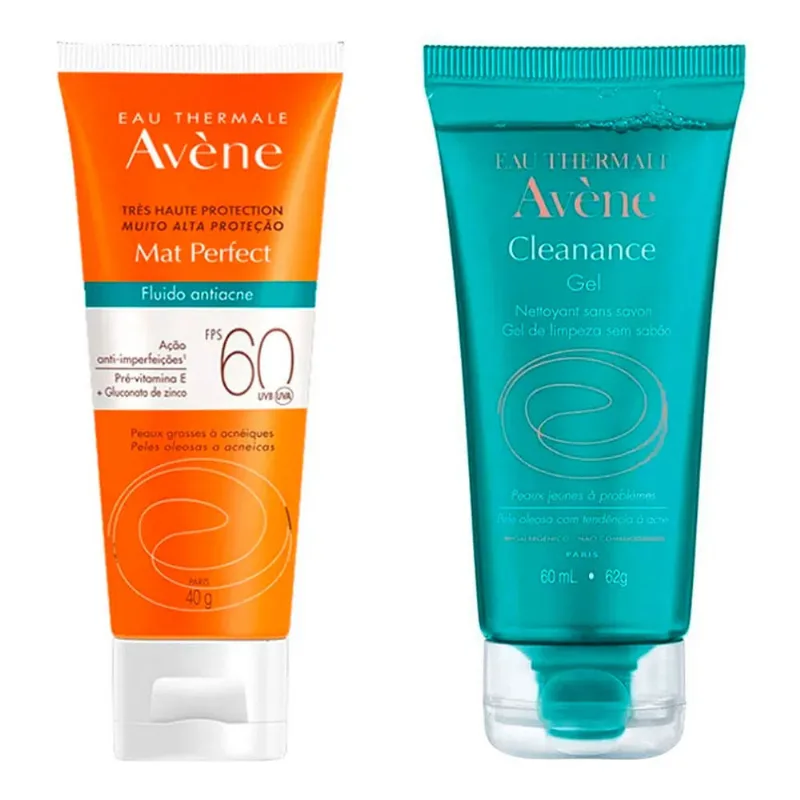 Kit Avène Protetor Solar Facial FPS 60 Mat Perfect Antiacne 40g Fluido + Gel de Limpeza Profunda Cleanance 60ml