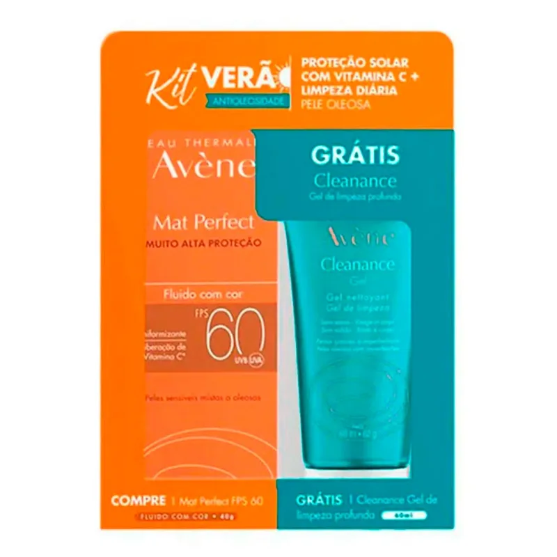 Kit Protetor Solar Avène Mat Pefect com Cor FPS60 40g + Gel de Limpeza Facial 60ml
