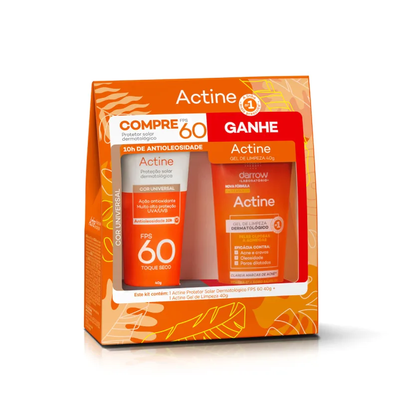 Kit Protetor Solar Facial Darrow Actine Antioleosidade FPS60 Cor Universal 1 Unidade + Gel de Limpeza Actine 40g 1 Unidade - Darrow