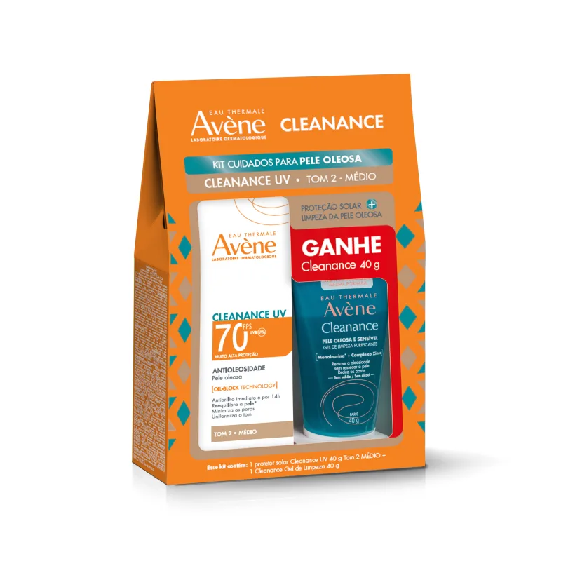 Kit Protetor Solar Facial Avène Cleanance Antioleosidade FPS70 Tom 2 Médio 40g 1 Unidade + Gel de Limpeza Avène Cleanance Purificante 40g 1 Unidade - Avene