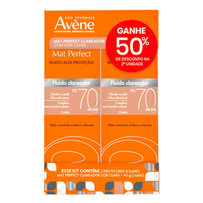 Kit Protetor Solar Facial Fluido Avène Mat Perfect FPS 70 Cor Clara 40g 2 Unidades