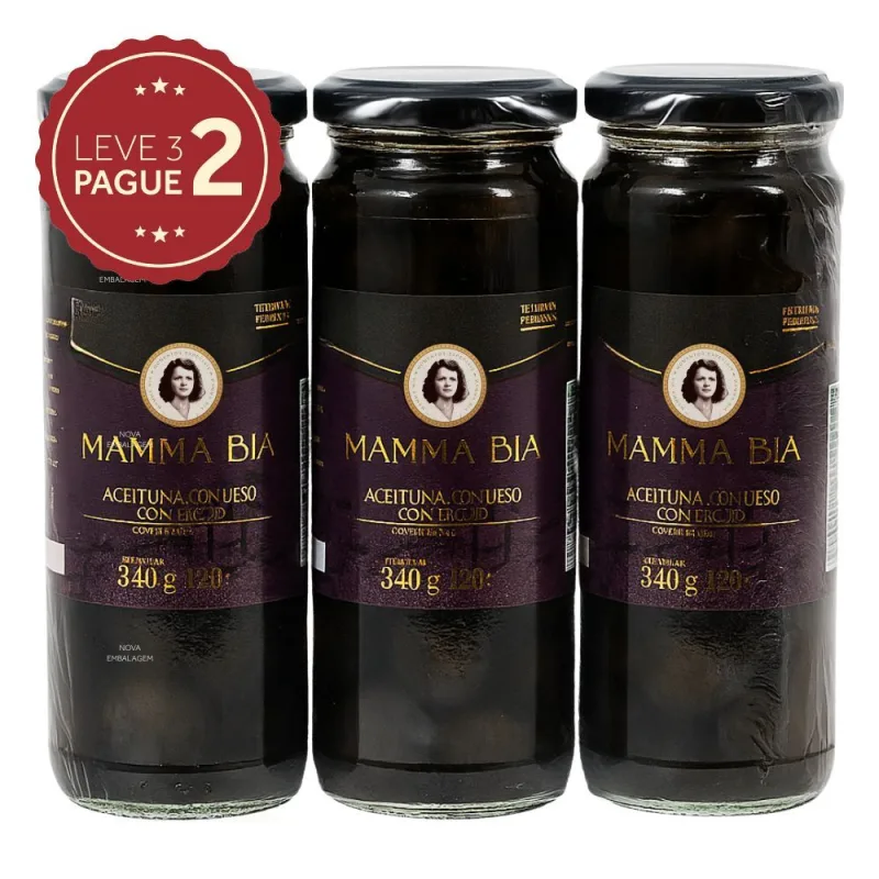Azeitona Espanhola Preta Mamma Bia com Caroço 198g Leve 3 Pague 2 KIT PRONTO - Mamma Bia
