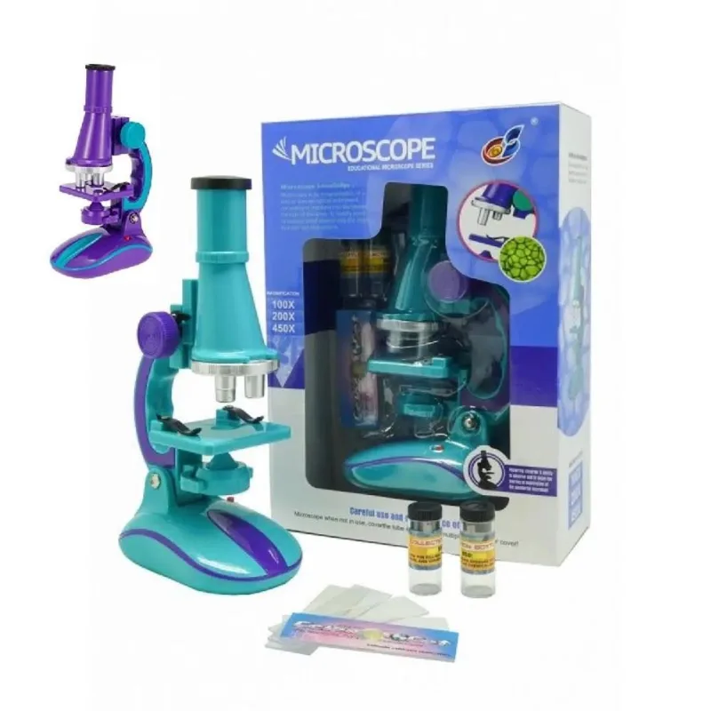 MICROSCOPIO LABORATORIO COM ACESSORIOS E LUZ LED 100X 200X 450X INFANTIL Roxo
