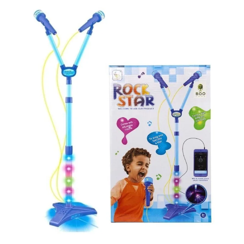 Microfone Infantil Duplo Pedestal Karaoke Rock Star Amplificador Musical Conecta Celular Mp3 Luz Azul - OUTRAS