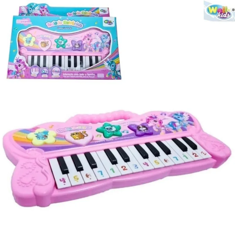 PIANO INFANTIL UNICORNIO SONS DE ANIMAIS MUSICA E LUZ TECLADO ELETRONICO ROSA