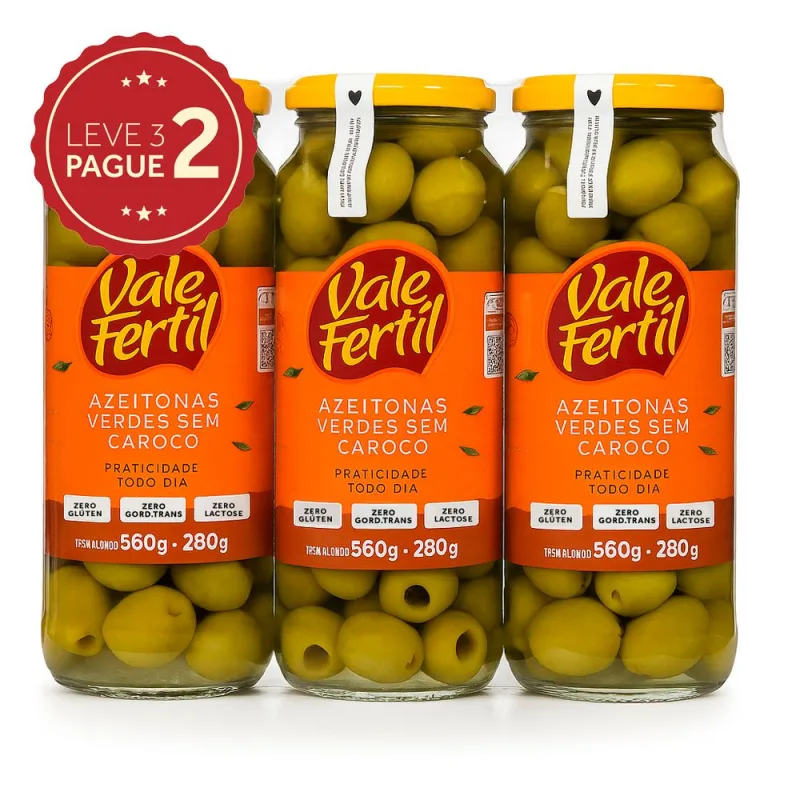 Azeitona Verde em Conserva sem Caroço Vale Fértil Vidro 280g Leve 3 Pague 2 KIT PRONTO - Vale Fértil
