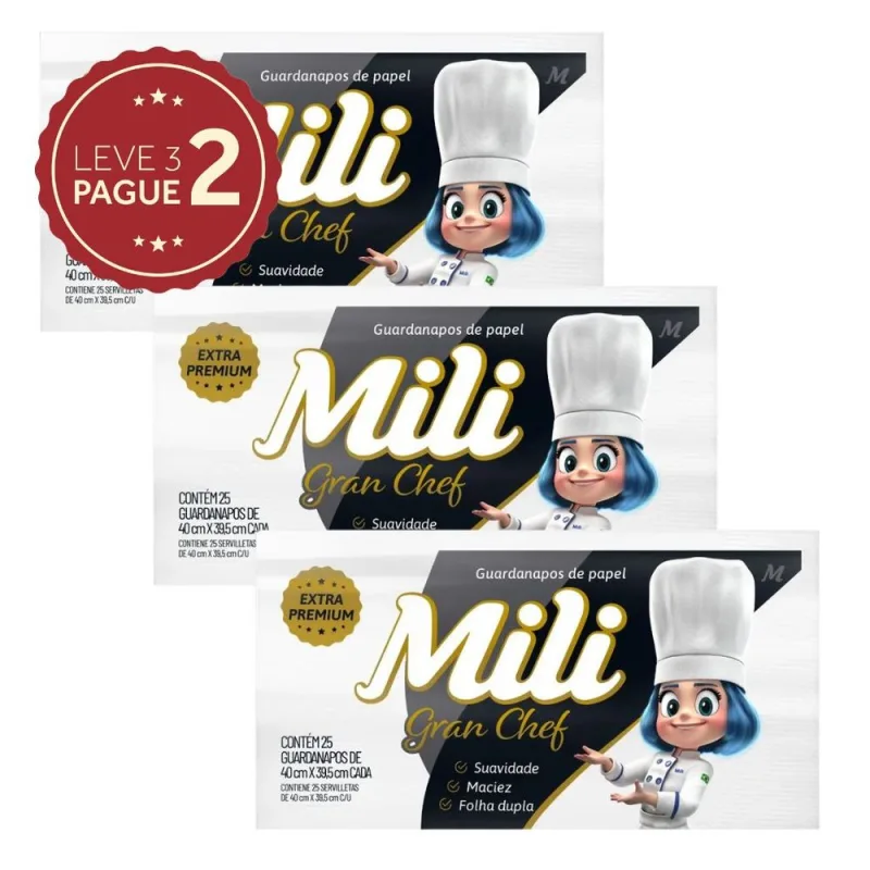 Guardanapo de Papel Folha Dupla Gran Chef Mili 40x39,5cm Leve 3 Pague 2 KIT PRONTO - Mili
