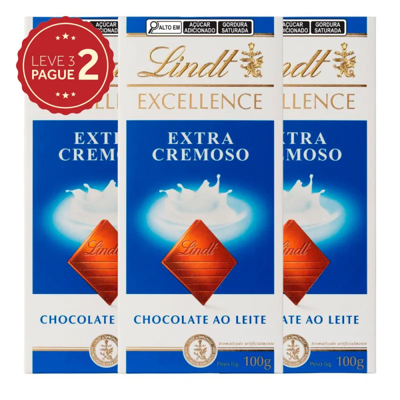Chocolate Lindt Excellence Barra Extra Cremoso ao Leite 100g Leve 3 Pague 2 KIT PRONTO - GERAL