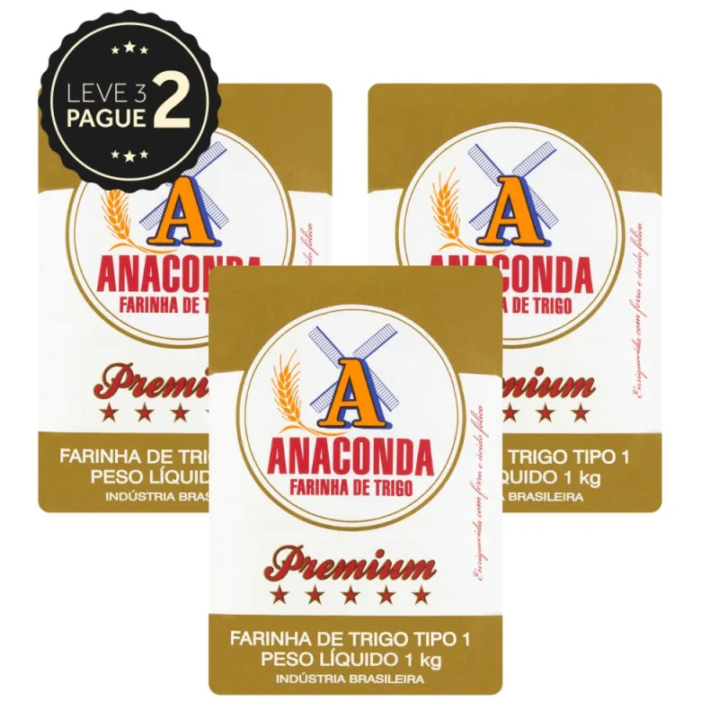 Farinha de Trigo Tipo 1 Anaconda Premium Pacote 1kg Leve 3 Pague 2 KIT PRONTO - Anaconda