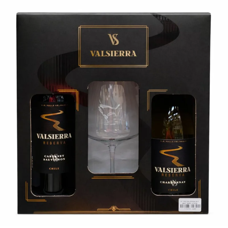 Kit Vinho Chileno Reserva Cabernet Sauvignon e Chardonnay Valsierra 750ml 2 Garrafas - Grátis Taça - Valsierra