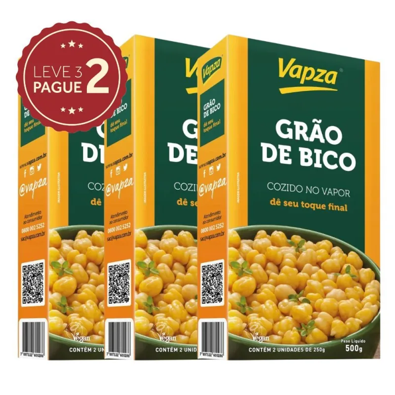 Grão de Bico Cozido no Vapor Vapza 500g Leve 3 Pague 2 KIT PRONTO - Vapza