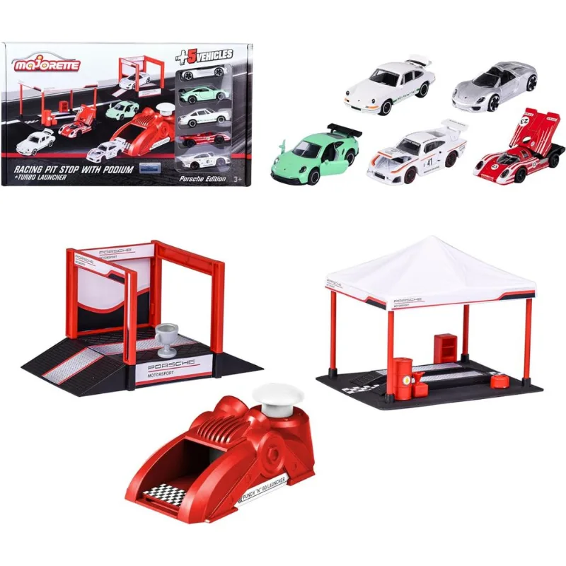 Pit Stop c/ Pódio e Lançador + 5 Porsche - 1/64 - Majorette