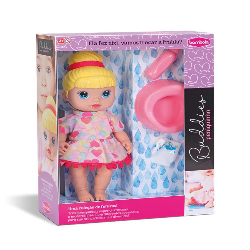 BONECA BEBE FAZ XIXI COM MAMADEIRA FRALDA BABY ACESSORIOS MENINA BUDDIES PENIQUINHO BAMBOLA