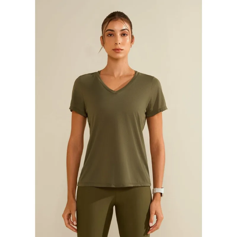 Camiseta Morena Rosa Solta Decote V Manga Curta Padrão Verde GG
