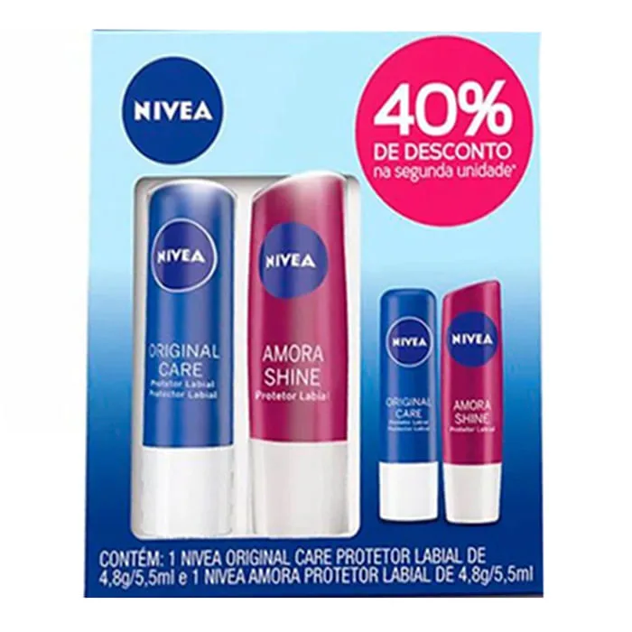 Kit Nivea Protetor Labial Original Care 4,8g + Amora Shine 4,8 - Nivea