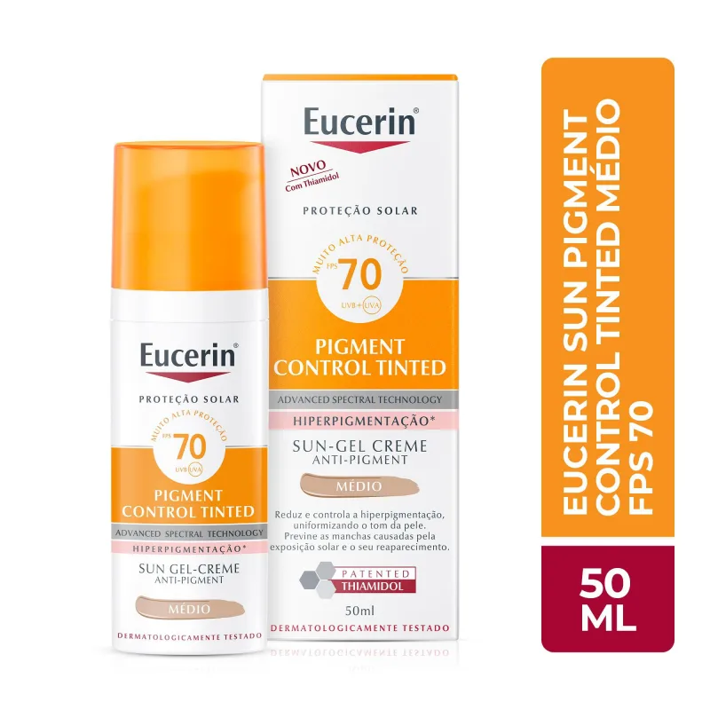 Protetor Solar Facial Eucerin Sun Pigment Control Tinted FPS70 Gel Creme Tom Médio 50ml - Eucerin