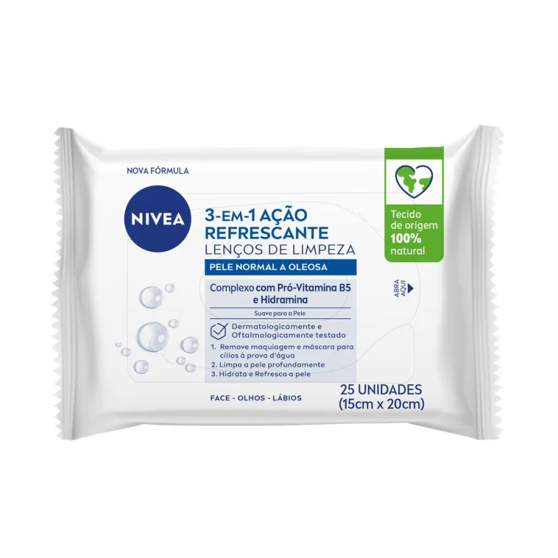 Lenço Demaquilante Nivea 3 em 1 Ação Refrescante 25 unidades - Nivea