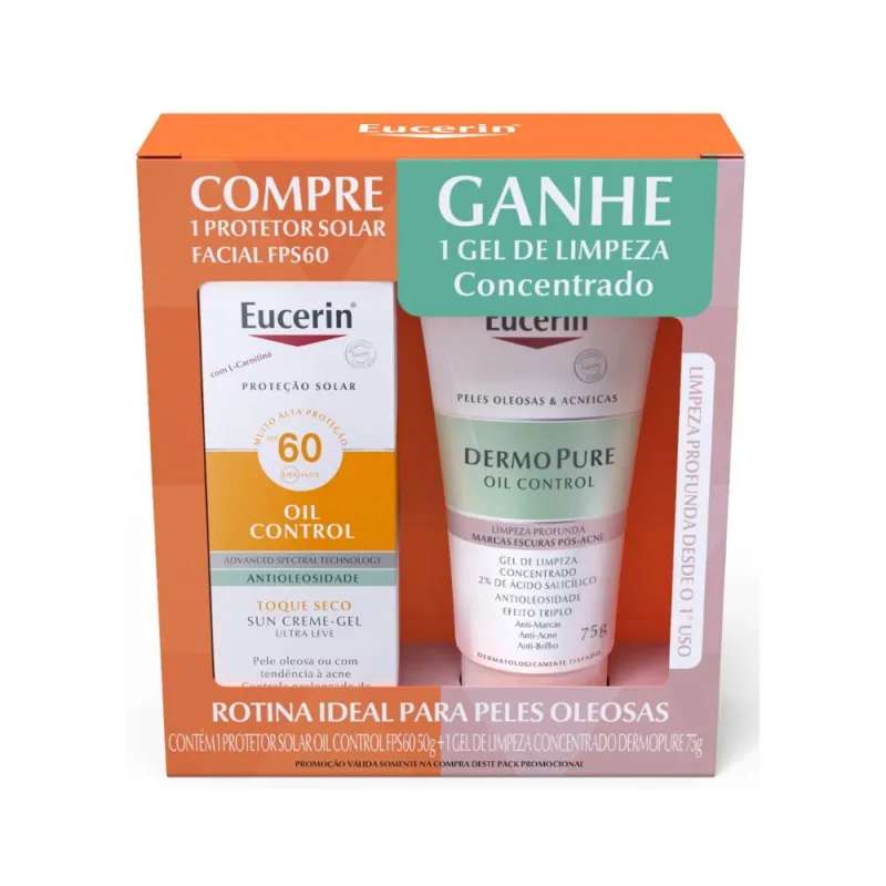 Kit Protetor Solar Facial Eucerin Sun Oil Control FPS60 50g 1 Unidade + Gel de Limpeza Facial Eucerin Dermopure Concentrado 75ml 1 Unidade - Eucerin