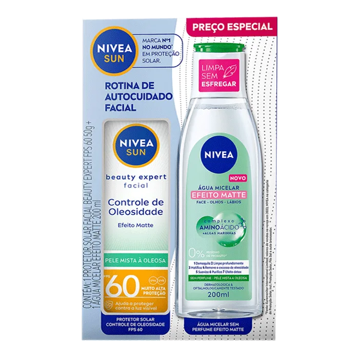 Kit Nivea Protetor Solar Facial FPS 60 Controle de Oleosidade 50g + Água Micelar Efeito Matte 200ml - Nivea