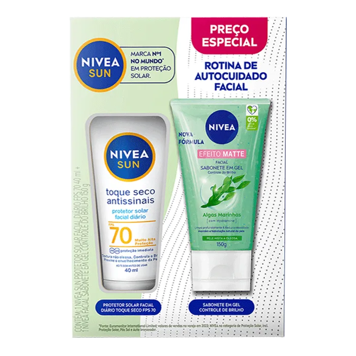 Kit Nivea Protetor Solar Facial FPS 70 Toque Seco Antissinais 40ml + Sabonete em Gel Efeito Matte 150g - Nivea