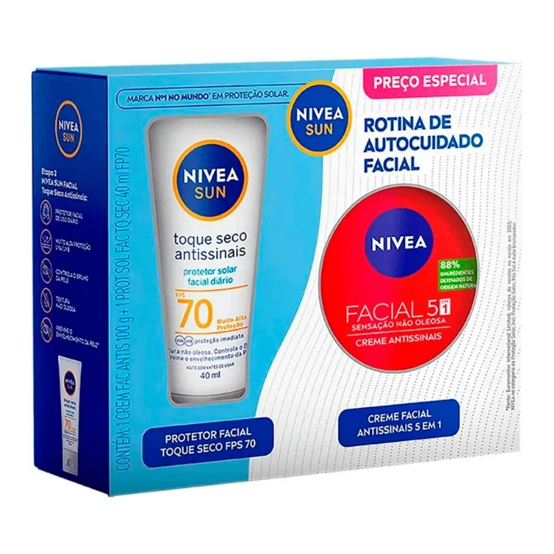 Kit Nivea Sun Protetor Solar Facial Antissinais Fps70 40ml + Creme Facial Antissinais 5 Em 1 100g