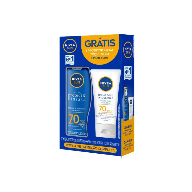 Kit Protetor Solar Fps70 Nivea Sun Protect Hidrata 200ml + Grátis Protetor Solar Facial Toque Seco Antissinais Fps70 40ml - Nivea