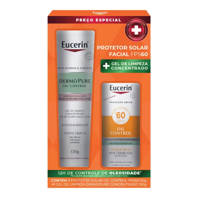 Kit Eucerin Protetor Solar Facial FPS 60 Oil Control 50g + Gel de Limpeza DermoPure 150g