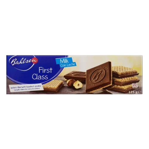 Biscoito Wafer Recheio Torrone De Avelã Cobertura Chocolate Ao Leite Bahlsen First Class Caixa 125g - BAHLSEN