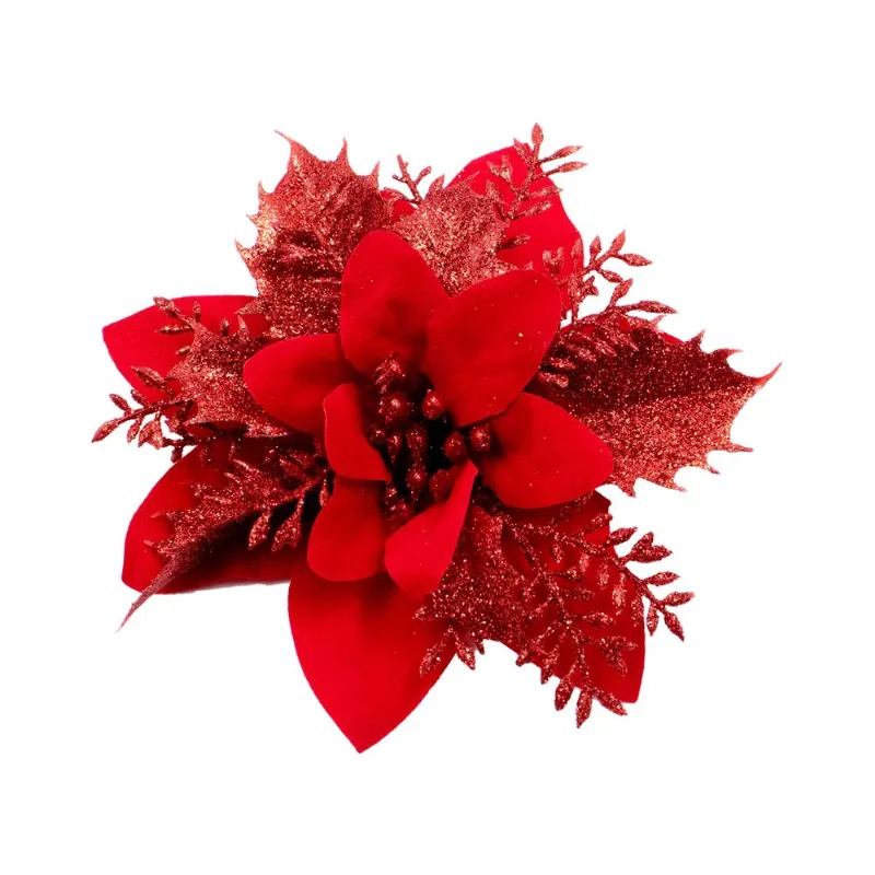 Flor Poinsettia De Natal Com Glitter 14Cm Em Poliester Com 12 Peças 201 - Vermelho