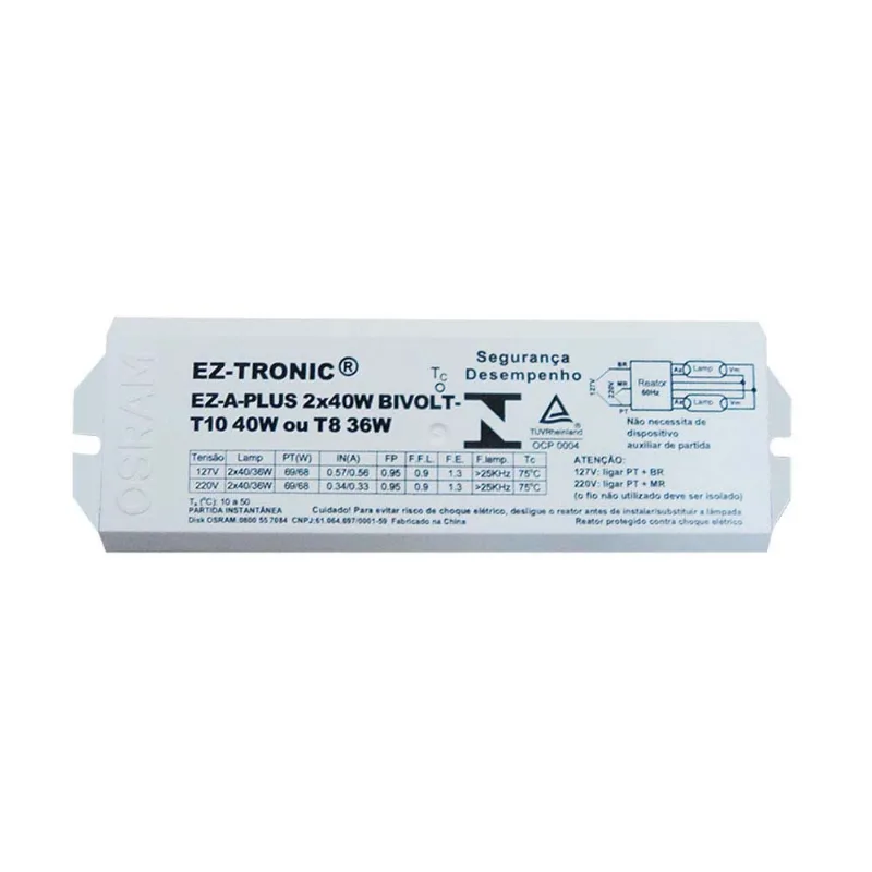 Reator eletrônico bivolt para 2 lâmpadas 40W Eza 8294 Osram
