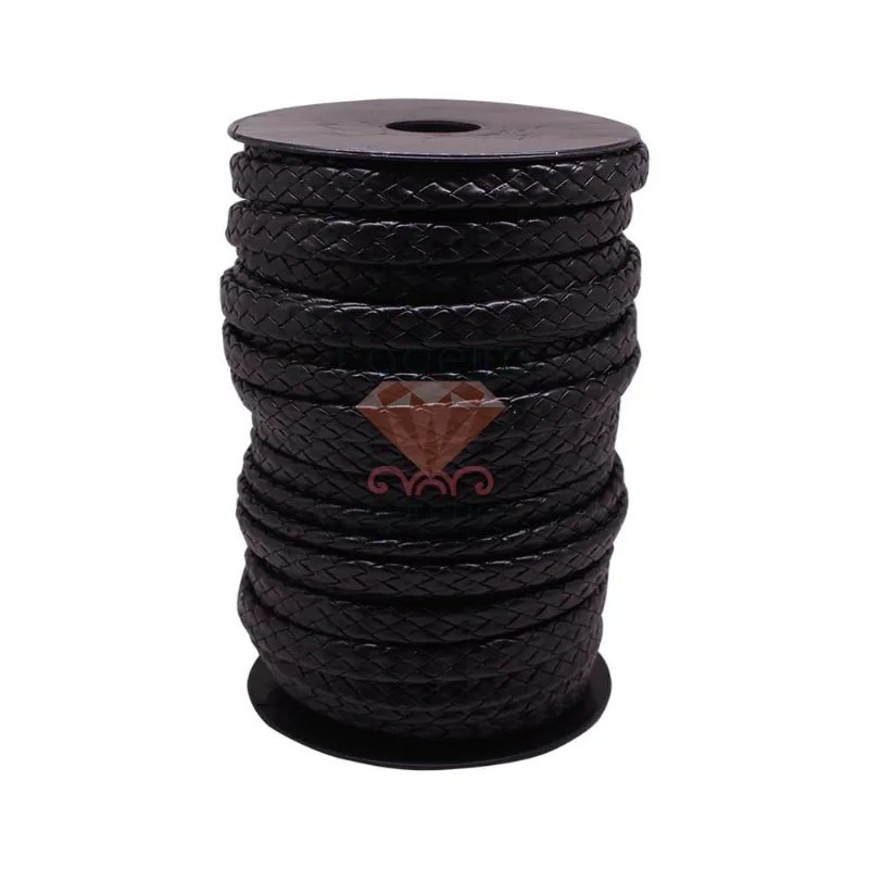CARRETEL DE COURO TRANÇADO CHATO SINTETICO 10MM COM 25 METROS 1090C - Preto