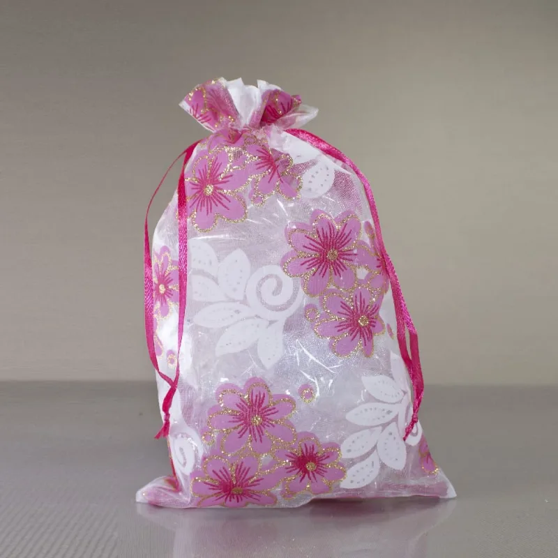 SACO DE ORGANZA FLORIDO 20X35CM COM 20 PEÇAS 337 - Rosa