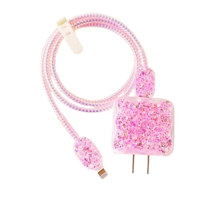 Capa Protetora De Carregador Cabo De Silicone Glitter Rosa