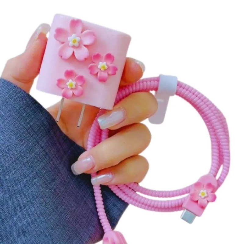 Capa Protetora De Carregador Cabo De Silicone Flores Rosa