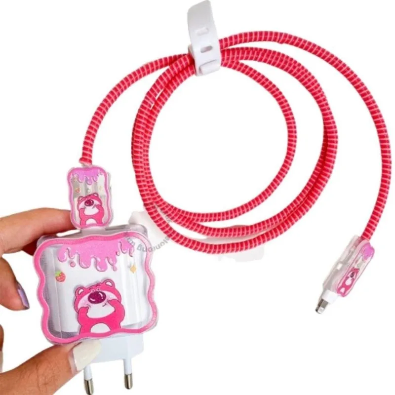 Capa Protetora De Carregador Cabo De Silicone Urso Rosa