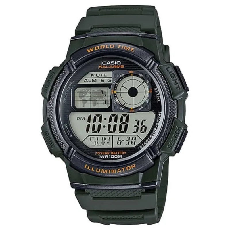 Relógio de Pulso Casio Masculino World Time illuminator Calendário Digital Prova Dágua 100 Metros 10 Anos de Bateria 5 Alarmes Esportivo Preto AE-1000 - Casio