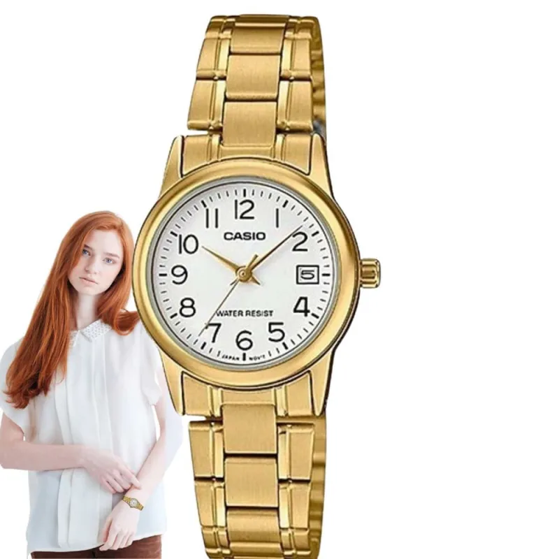 Relógio Feminino Casio Redondo Pequeno Resistente Àgua Aço Inóx Calendário Analógico Casual Dourado LTP-V002G-7B2UDF - Casio