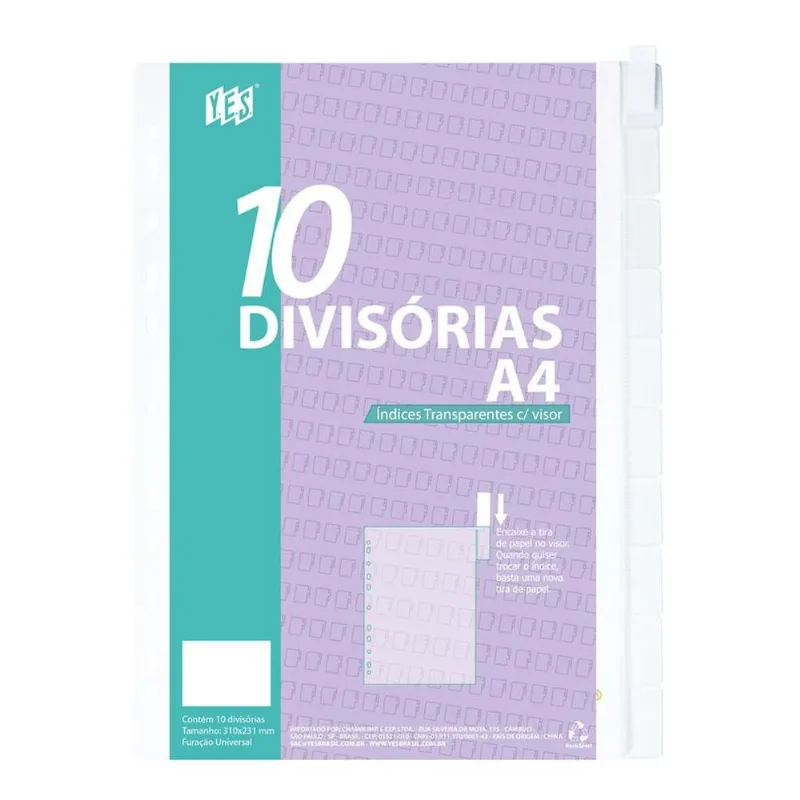 Divisoria Fichário 10 Divisões A4 Transparente Cristal