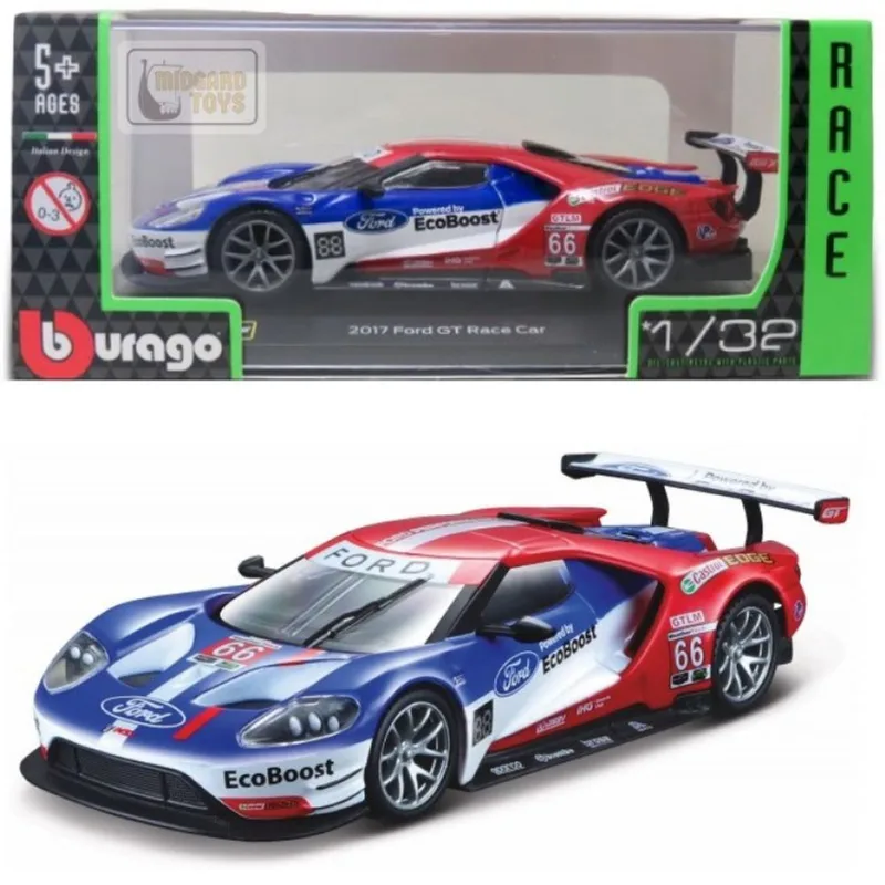 Miniatura em Metal Série Race Le Mans c/ Caixa de Acrilico - 1/32 - Bburago 2017 Ford GT Race Car #66