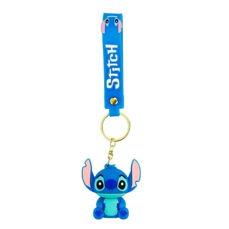 Chaveiro De Silicone Disney Stitch Sentado 6cm Azul Com Corrente Dourada