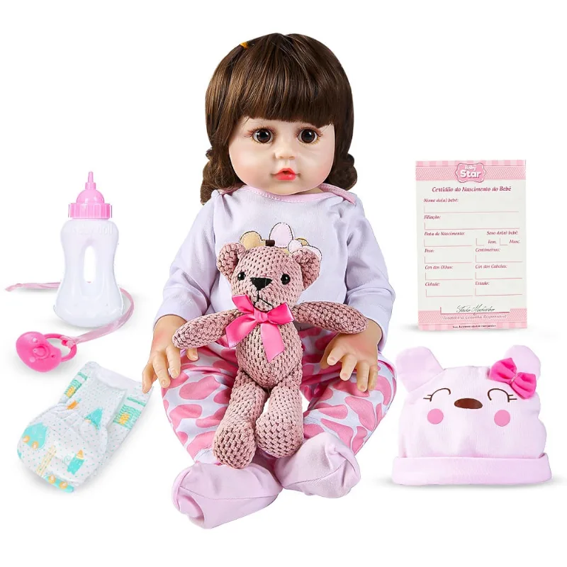 Boneca Bebê Reborn Vinil Realista com Pelúcia e acessórios 45cm