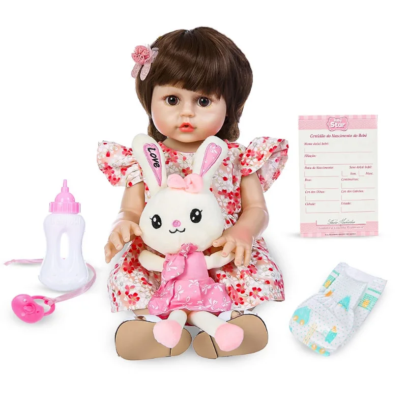Boneca Bebê Reborn Vinil Realista com Pelúcia e acessórios 45cm