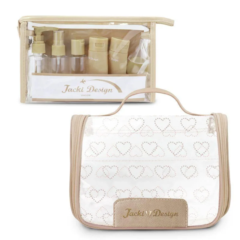 Kit Necessaire Transparente Com Frascos Ideal Para Viagens E Bagagem De Mão - Rosa