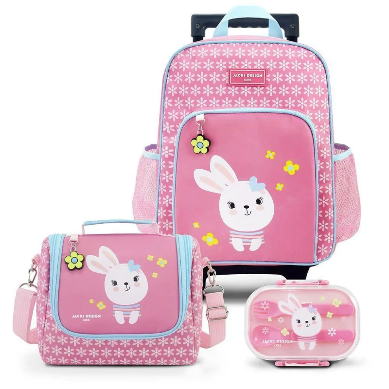 Kit Mochila Com Rodinhas E Lancheira Térmica Com Pote P/ Lanche Rosa - Jacki Design