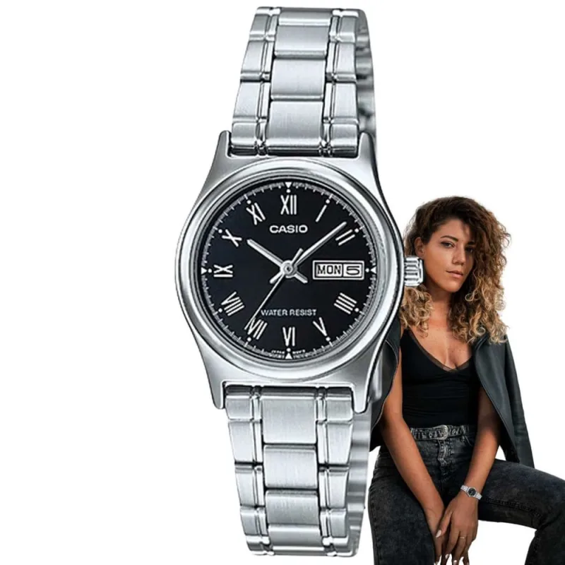 Relógio Feminino Casio Collection Classico Casual Pequeno Redondo Resistente Água Aço Inóx Calendário Analógico Casual Prata LTP-V006D-1BUDF - Casio