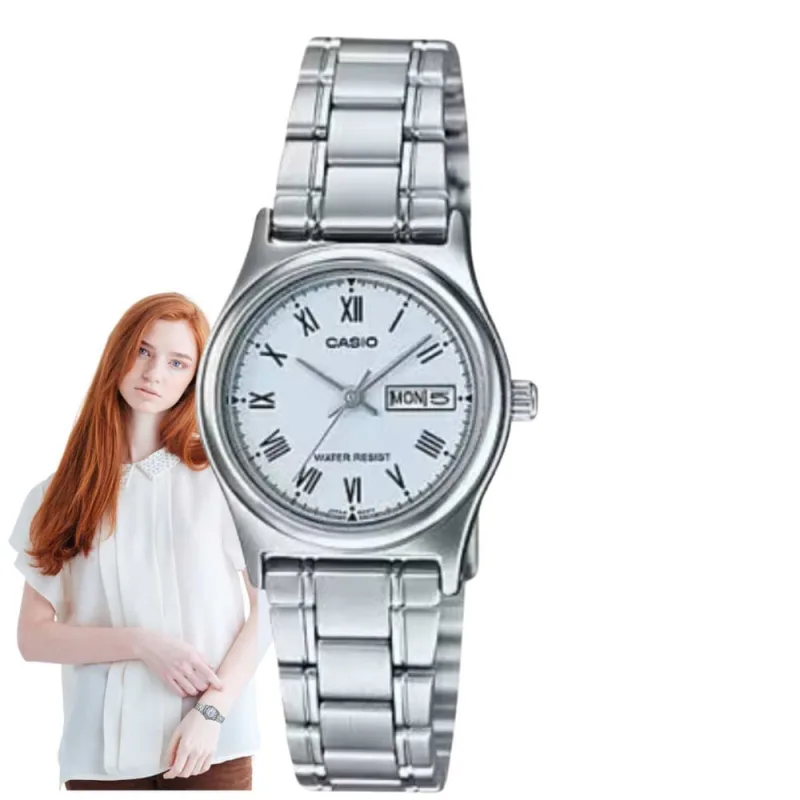 Relógio Feminino Casio Collection Classico Casual Pequeno Redondo Resistente Água Aço Inóx Calendário Analógico Casual Prata LTP-V006D-2BUDF - Casio